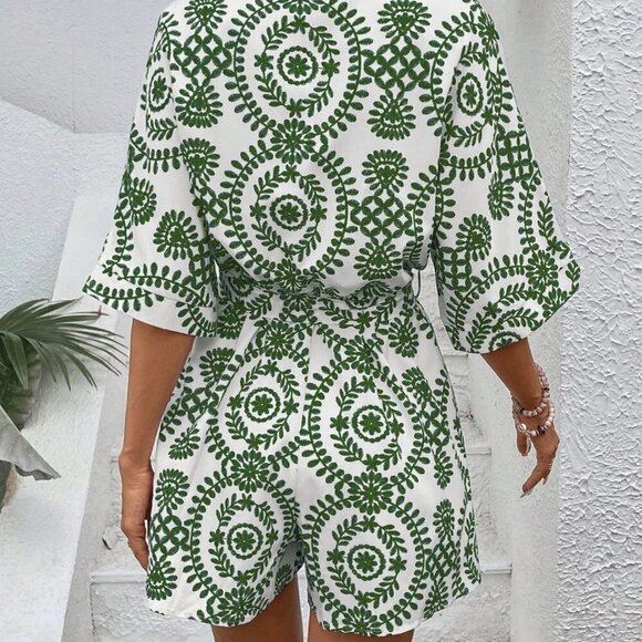 Green Boho Ladies' Printed Leisure Vacation Batwing Sleeve Belted Romper - Picture 2 of 5